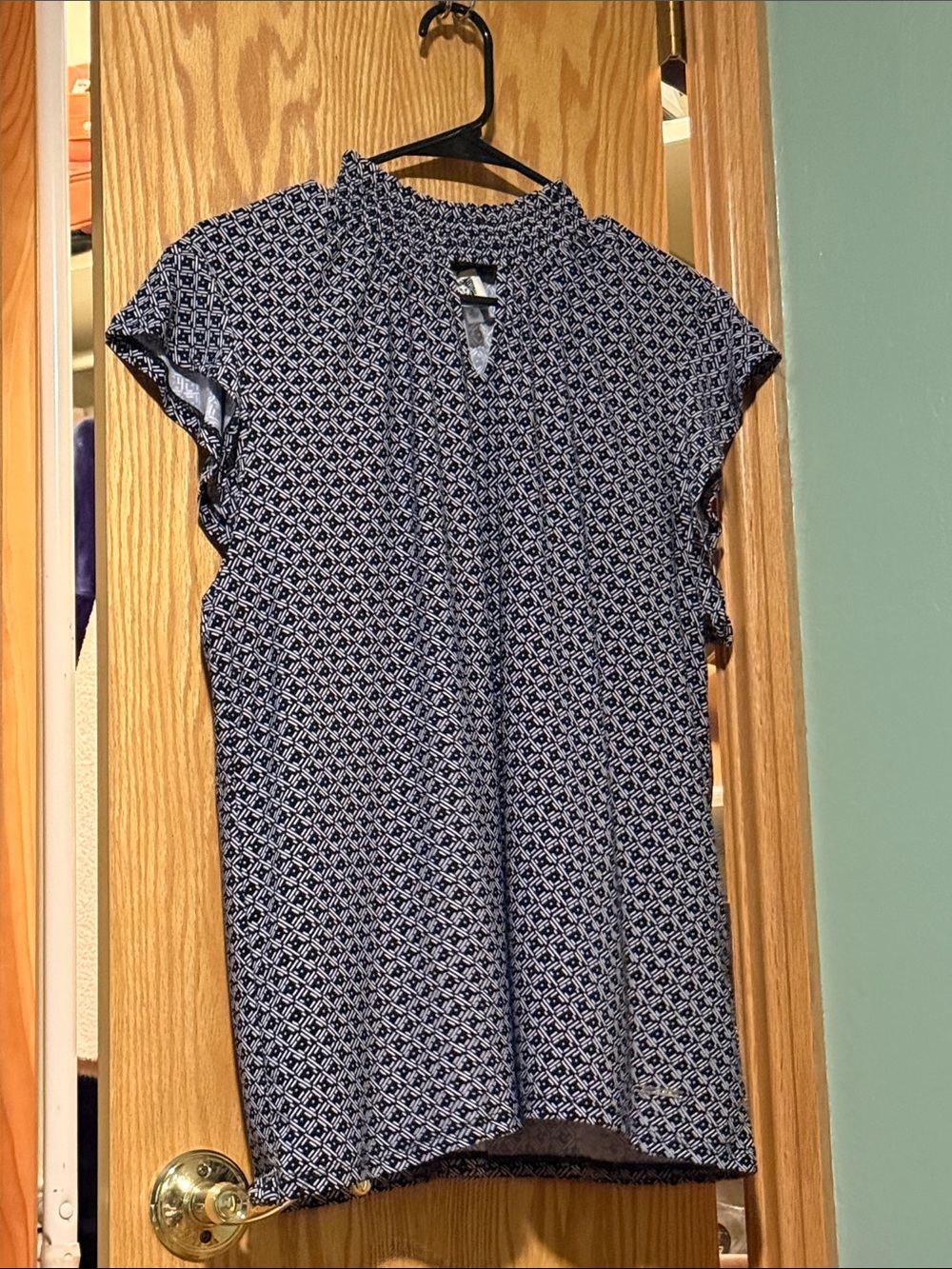 Anne Klein Navy and White Geometric Short-Sleeve Blouse